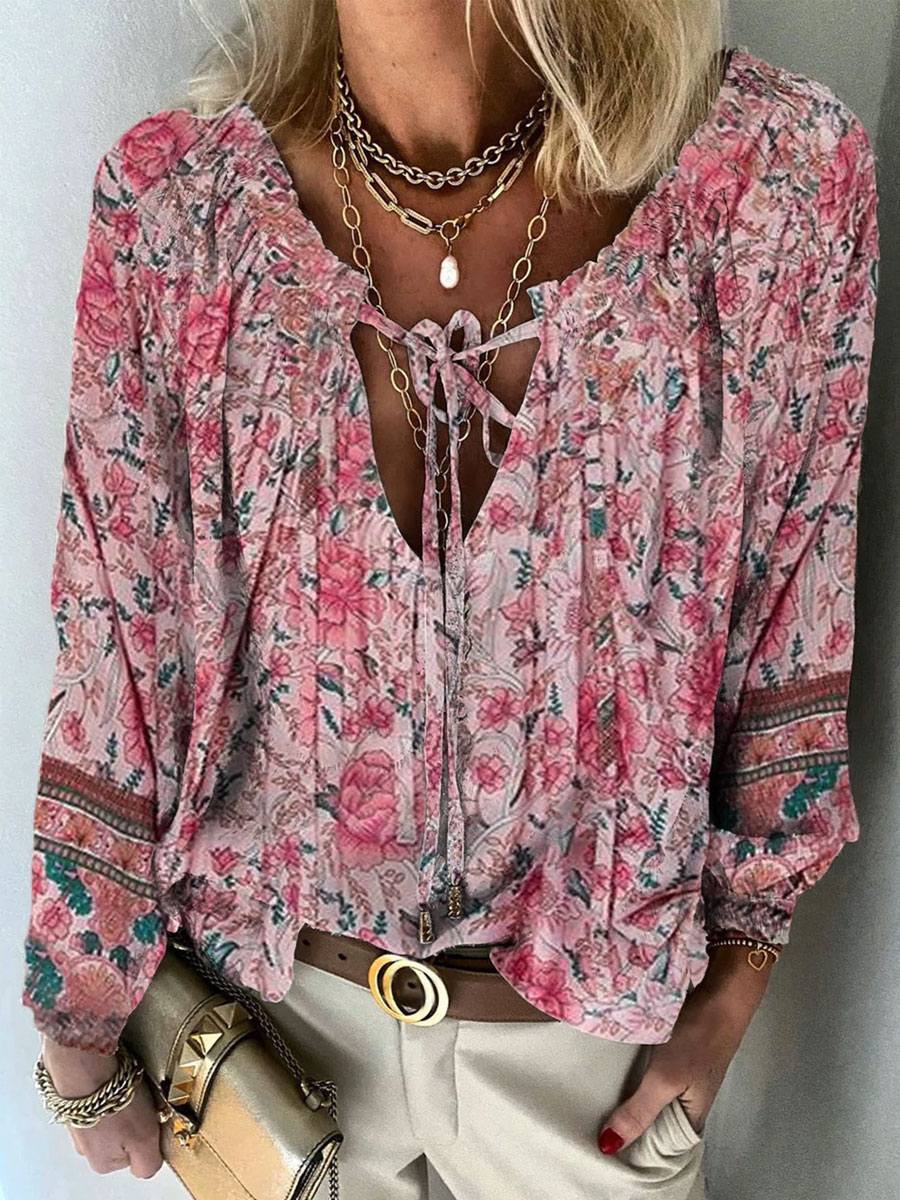 V neck Floral Print Lace up Loose Casual Long Sleeve Blouse