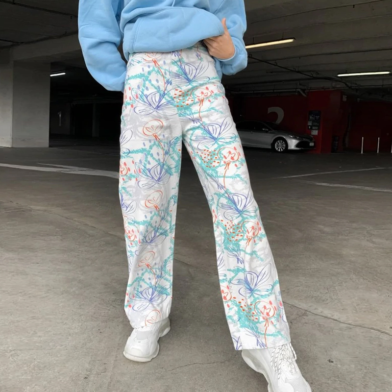 Color Floral Printed Casual Jeans