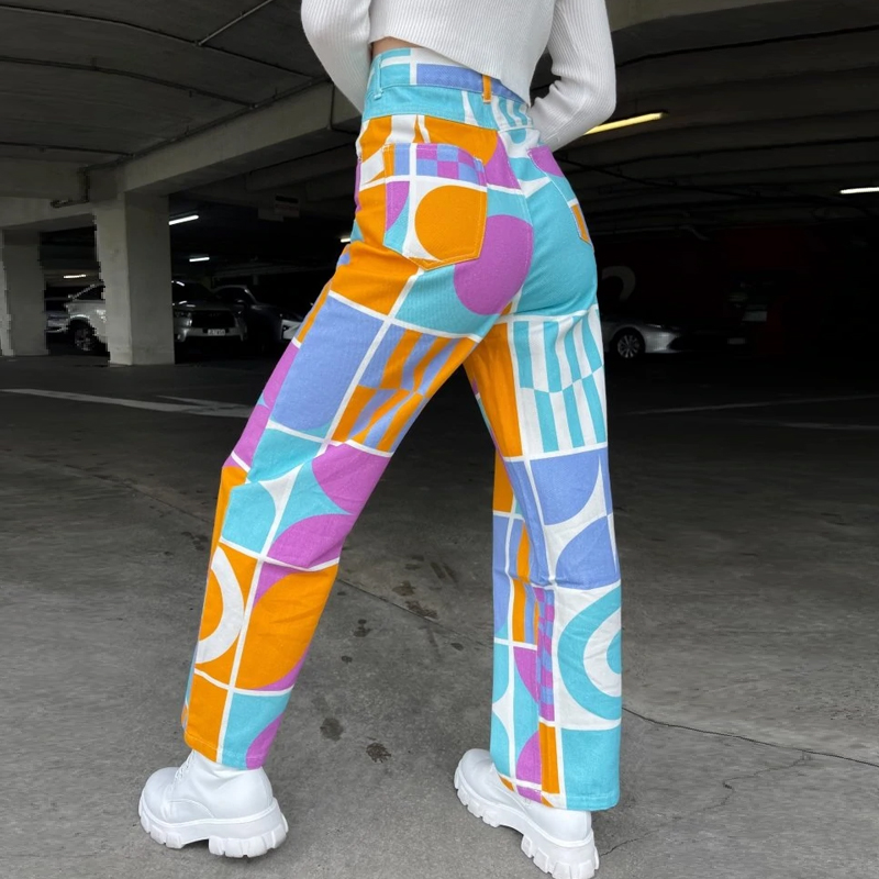Retro Color Printed Casual Jeans