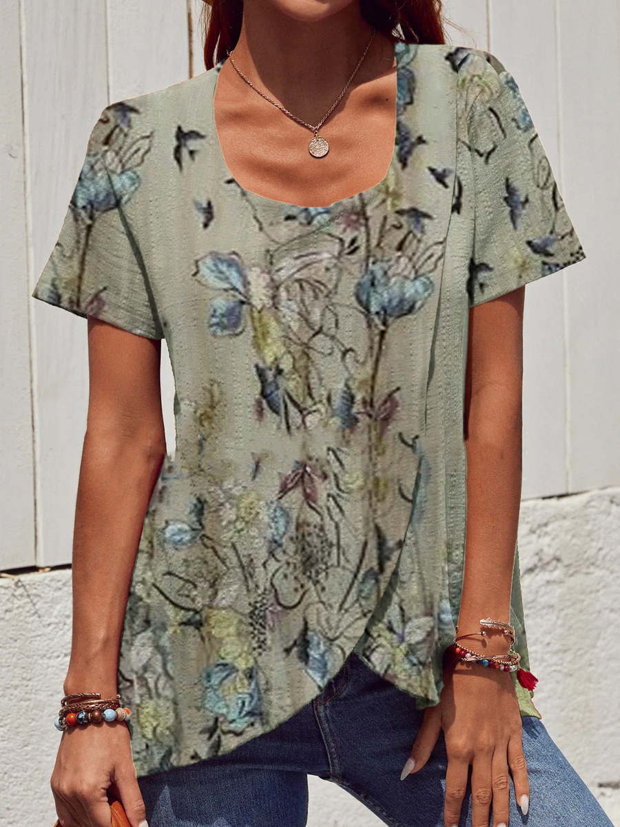 Cotton And Linen Print Cross Irregular Shirt