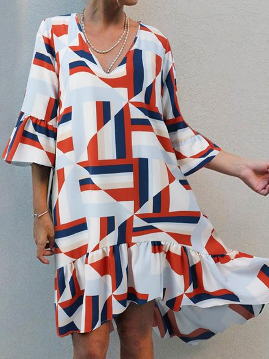 Loose Print Ruffle Asymmetric Bottom Midi Dress