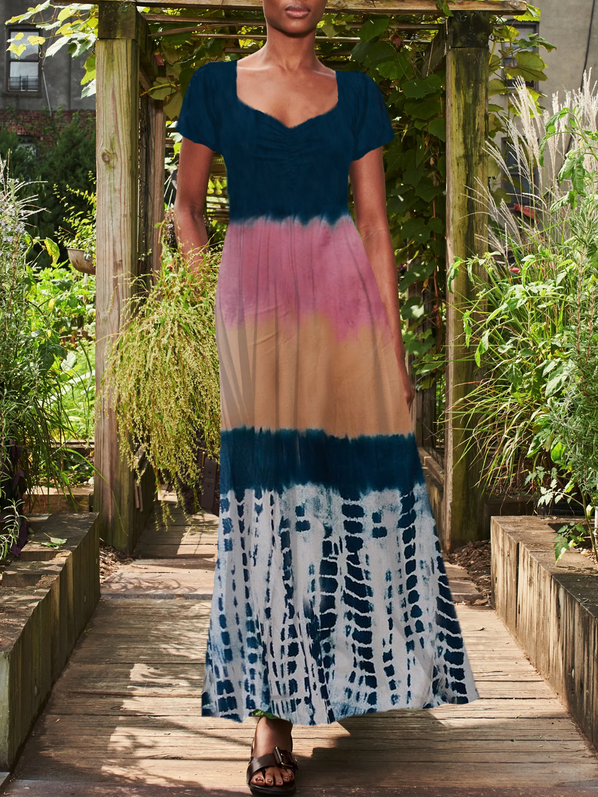 Tie dyed Print V neck Short Sleeve Maxi Dress