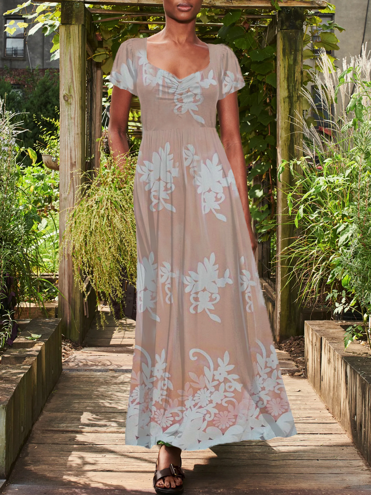 Floral Print V neck Short Sleeve Maxi Dress