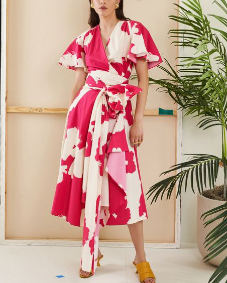 V Neck Printed Casual Ruffle Dress