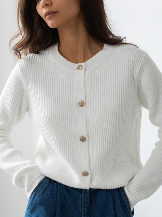Green Button Long Sleeve Crewneck Cardigan Sweater