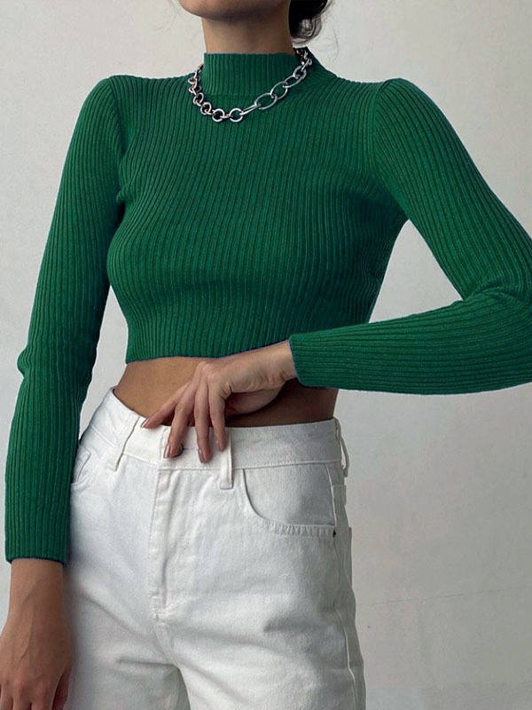 Solid Color Long Sleeve High Neck High Waist Sexy Sweater