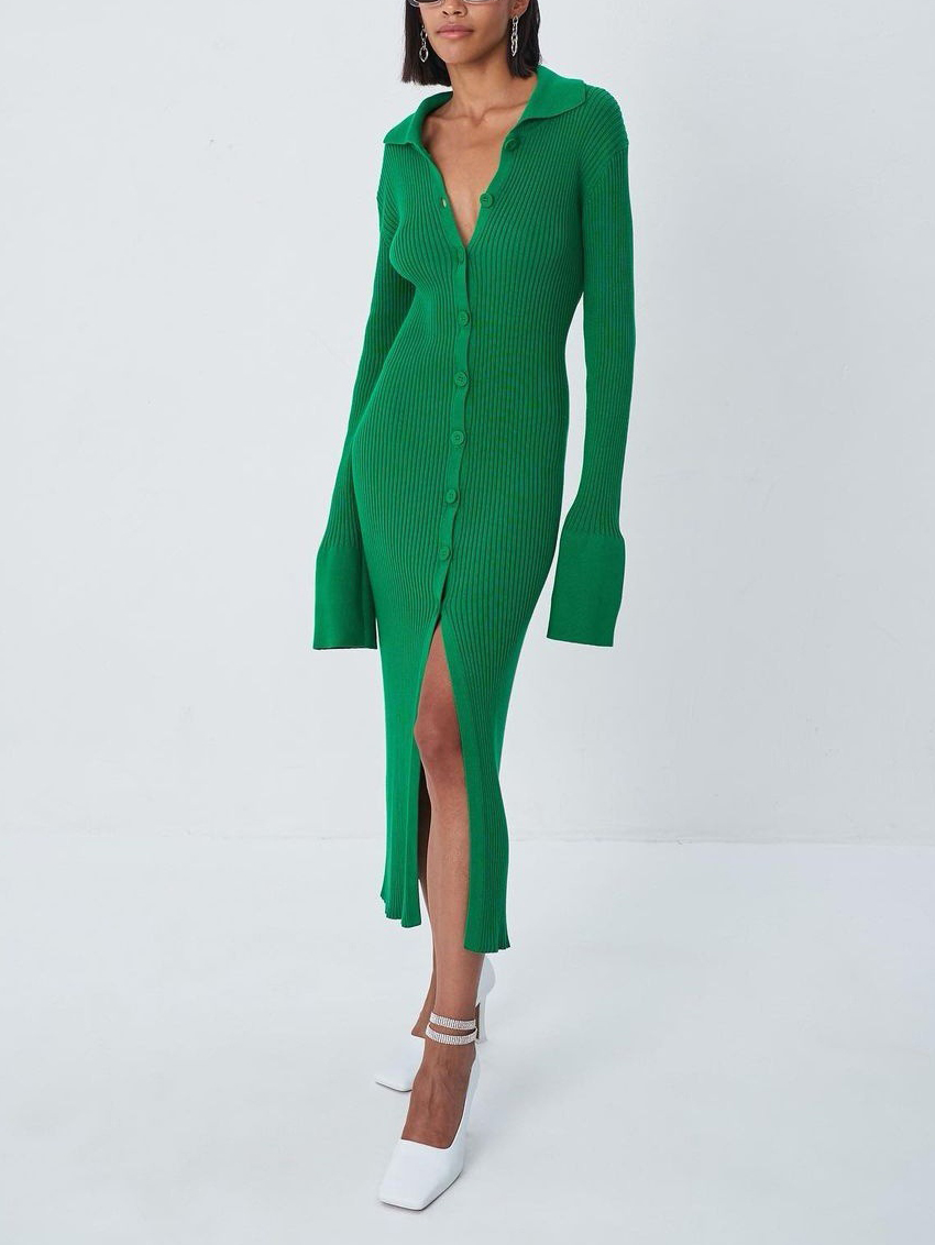 Long Sleeve V Neck Long Button Flare Sleeve Sweater Dress