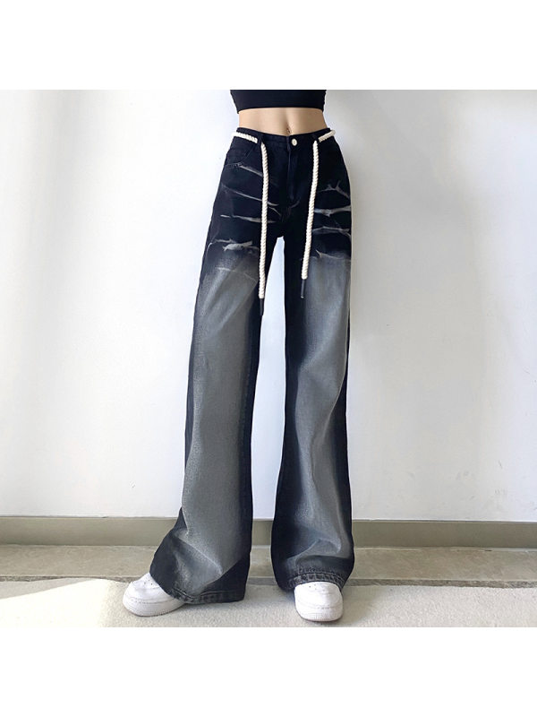 Street-inspired High-waist Distressed Jeans With Gradient Wide-leg Pants - Holawiki.com 