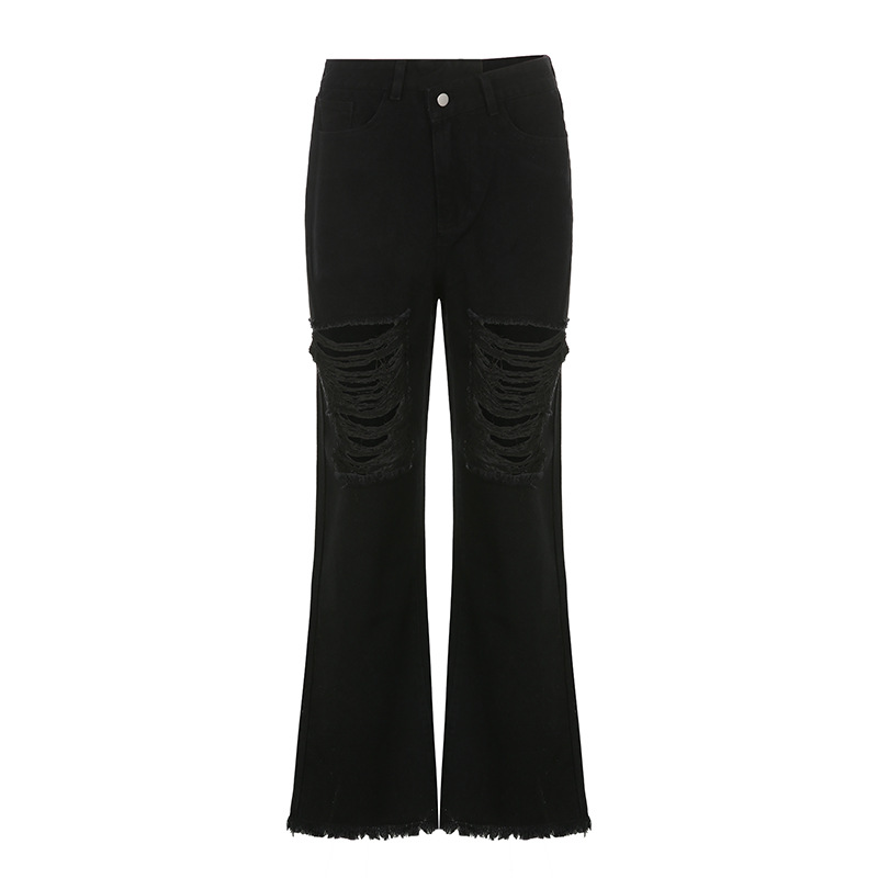 Street Style Ripped Jeans High Waist Straight Flared Trousers