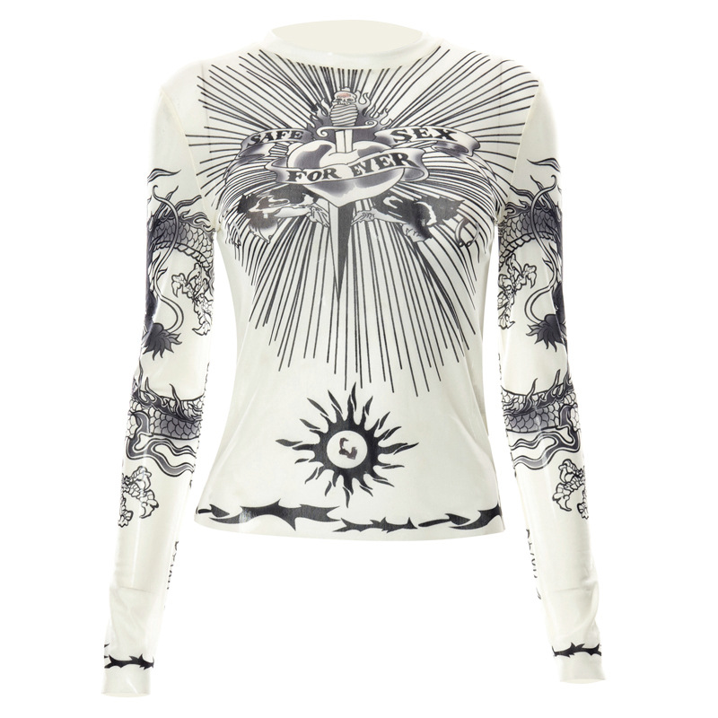 Women's Printed Slightly Sheer Round Neck Long Sleeve Casual Top