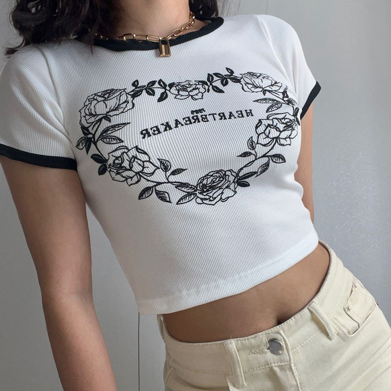 Women's Heart Print Crew Neck Slim Fit Cropped T Shirt