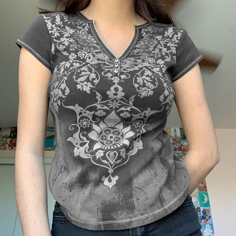 Women's Vintage Print V Neck Short Sleeve T Shirt