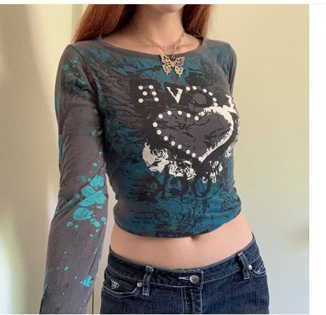 Women's Heart Print Retro Sexy Slim Short Long Sleeve Shirt