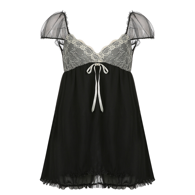 Sheer V Neck Lace Panel Lace Up Dress