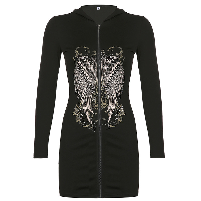 Dark Wings Print Slim Fit Long Sleeve Hooded Zip Sweatshirt Dress
