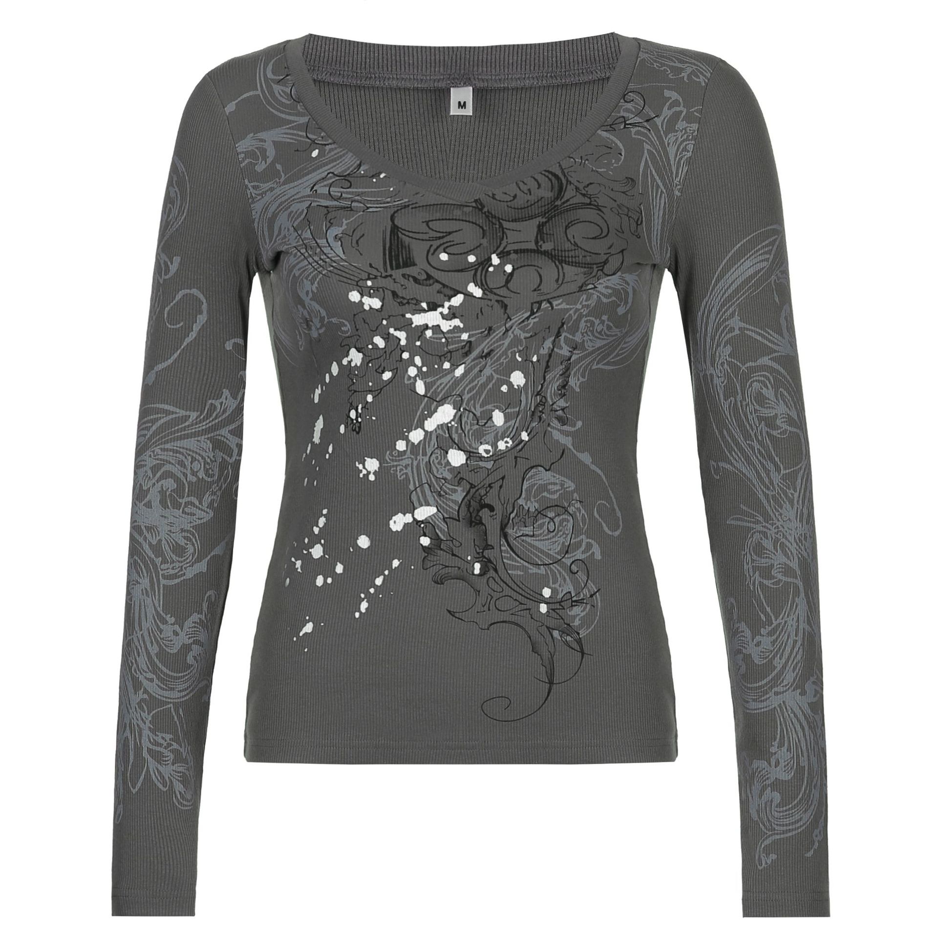 Women's V Neck Vintage Print Slim Fit Long Sleeve Top