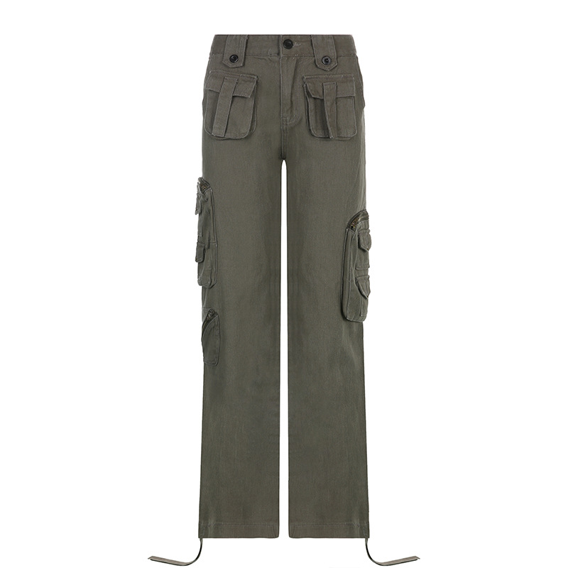 Street Style Multi pocket Low rise Straight leg Jeans