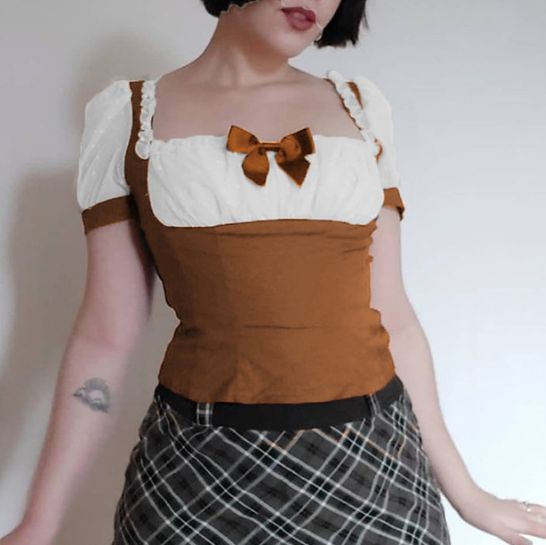 Vintage French Court Chiffon Patchwork Bow Short Sleeve T Shirt