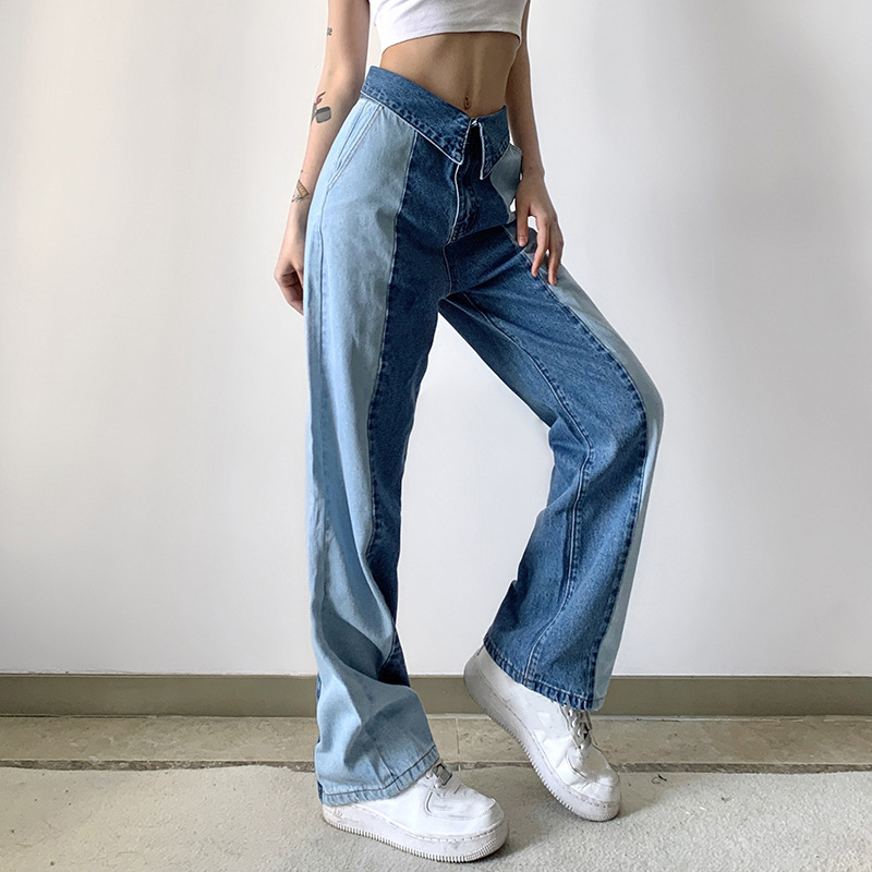 Cuffed Waist V shaped High Waist Slim Casual Trousers Jeans