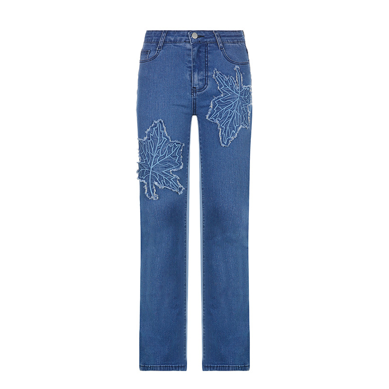 Maple Leaf Embroidery Cut Flower Casual Trousers Jeans