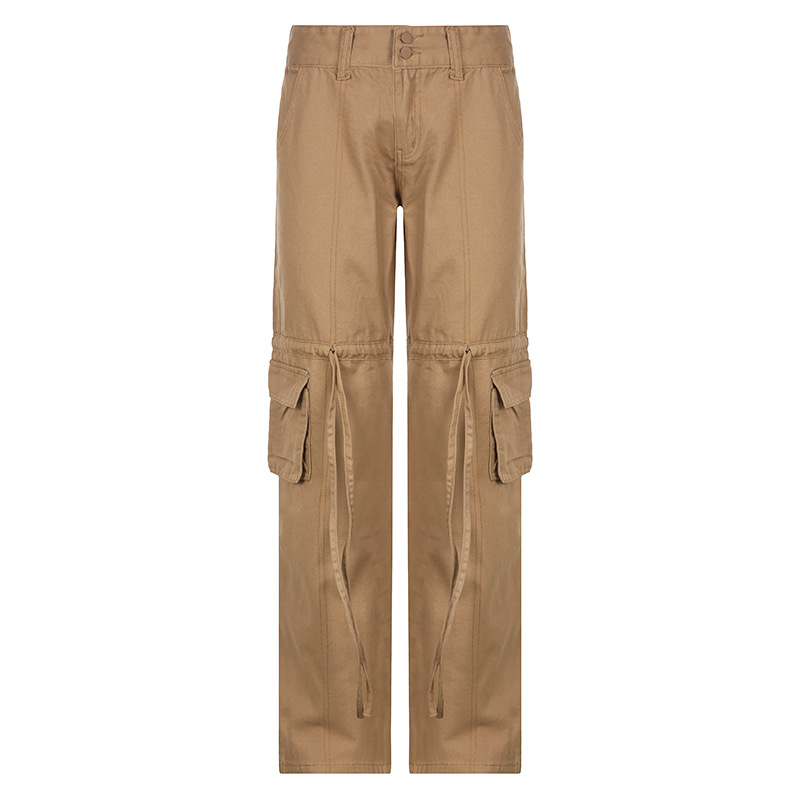 Two button Drawstring Straight leg Casual Denim Trousers