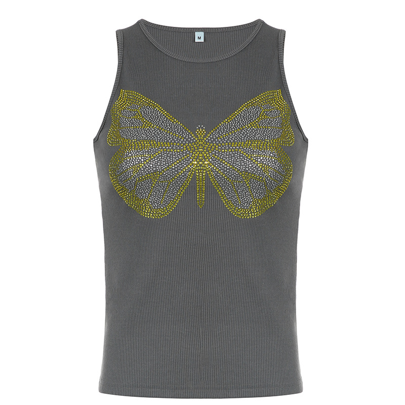 Butterfly Hot Diamond Print Crew Neck Tank Top