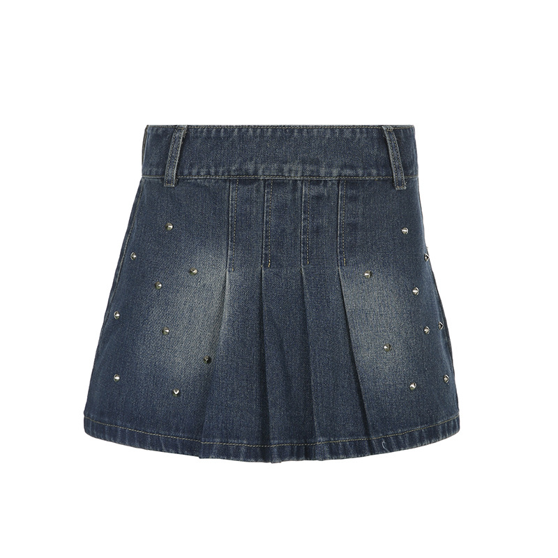Vintage Babes High Waist Denim Skirt Studded Pleated Skirt
