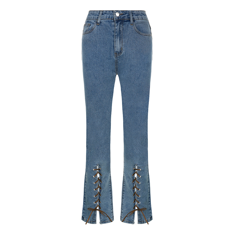 Washed Eyelet Lace up Flared Jeans