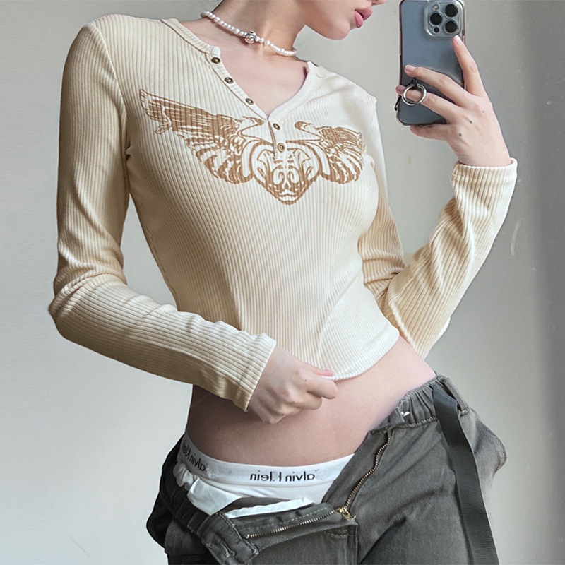 Women's Vintage Print V Neck Slim Fit Long Sleeves Shirt