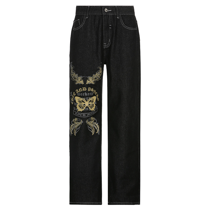 Vintage Butterfly Print Low Rise Jeans Wide Leg Pants