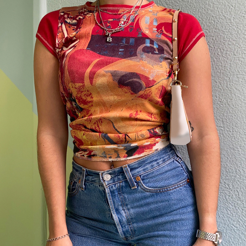 Vintage Print Slim Fit Crew Neck Short Sleeve T Shirt