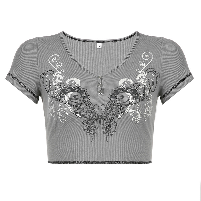 Women's Vintage Print Short Sleeve V Neck T Shirt Top