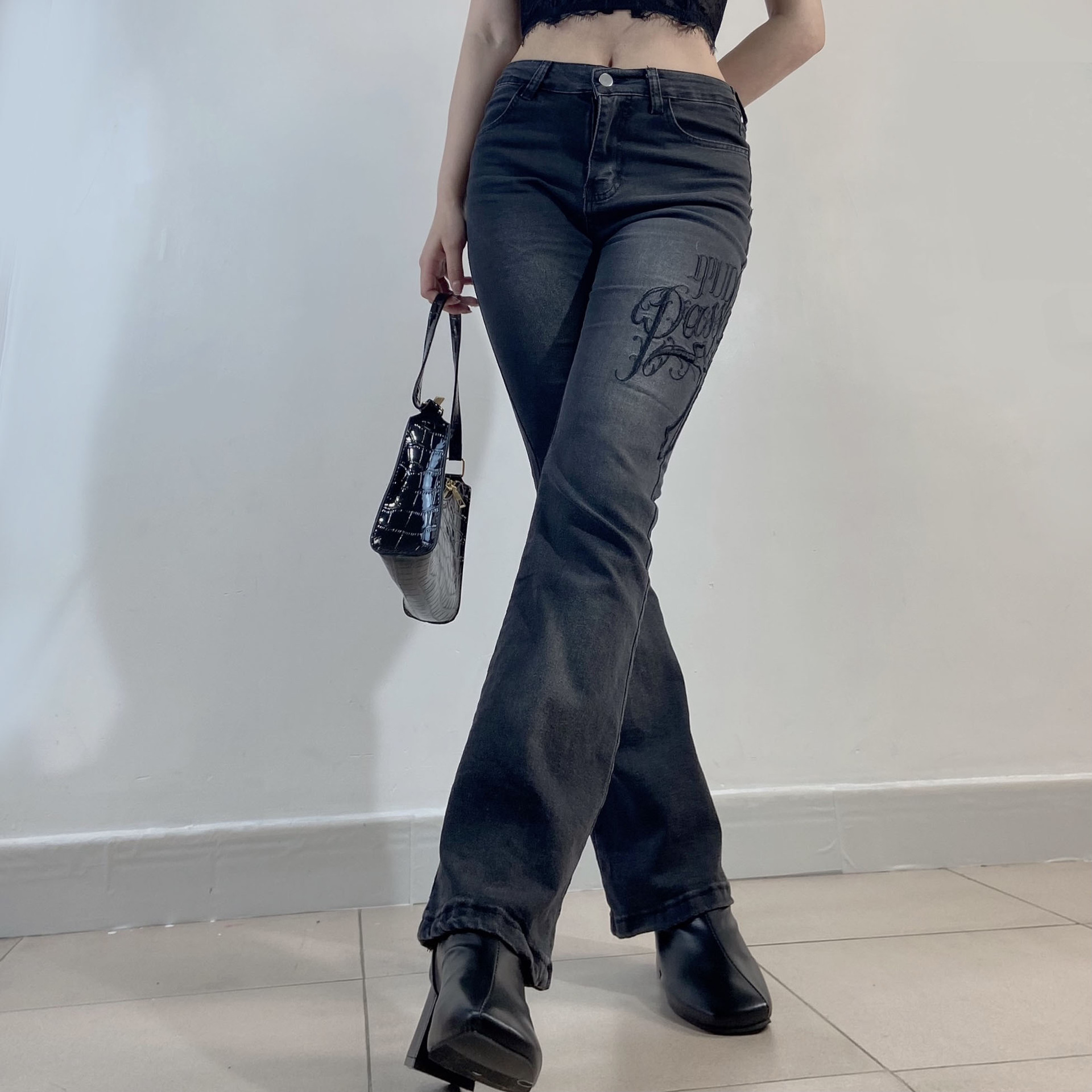 Women's High Waist Embroidered Stretch Flared Jeans