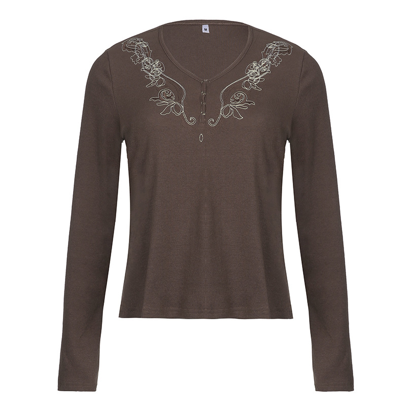 Women's V Neck Button Long Sleeve Vintage Slim Top
