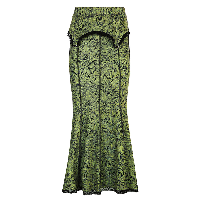 Women's Vintage Print Lace Trim Irregular Elastic Waist Slim Skirt