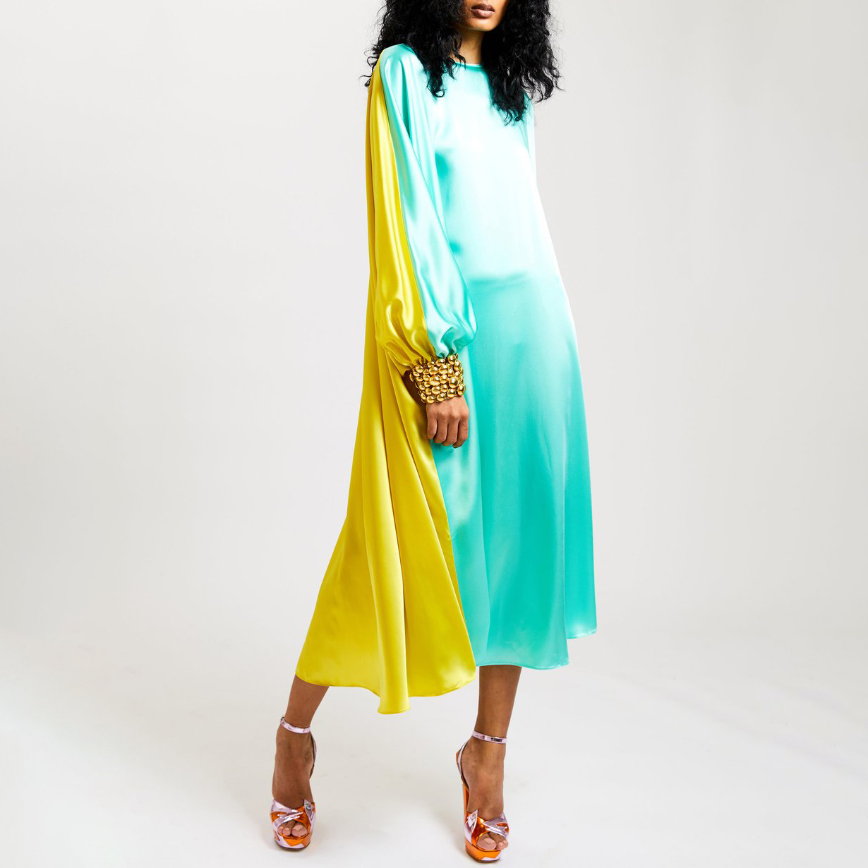 Women's Fashion Elegant Satin Colorblock Doll Sleeve Dress