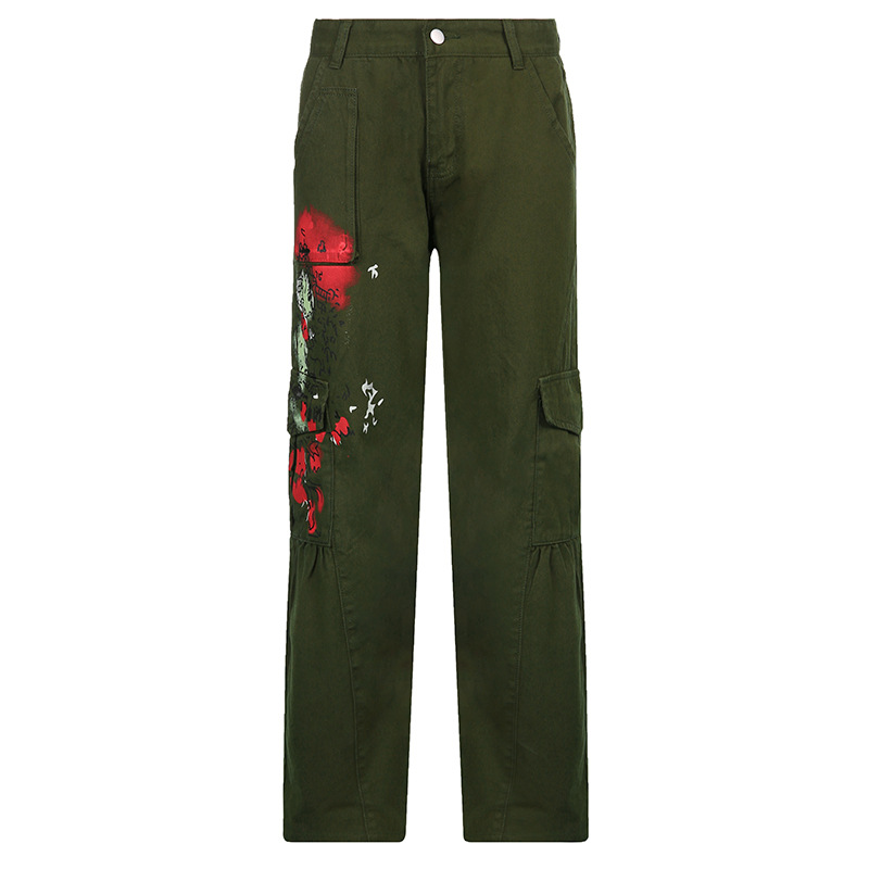 Vintage Cargo Pants Distressed Print Low rise Trousers