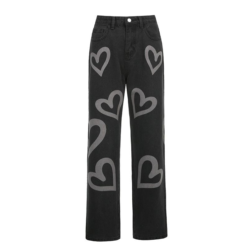 Heart Print High Waist Loose Straight Casual Jeans