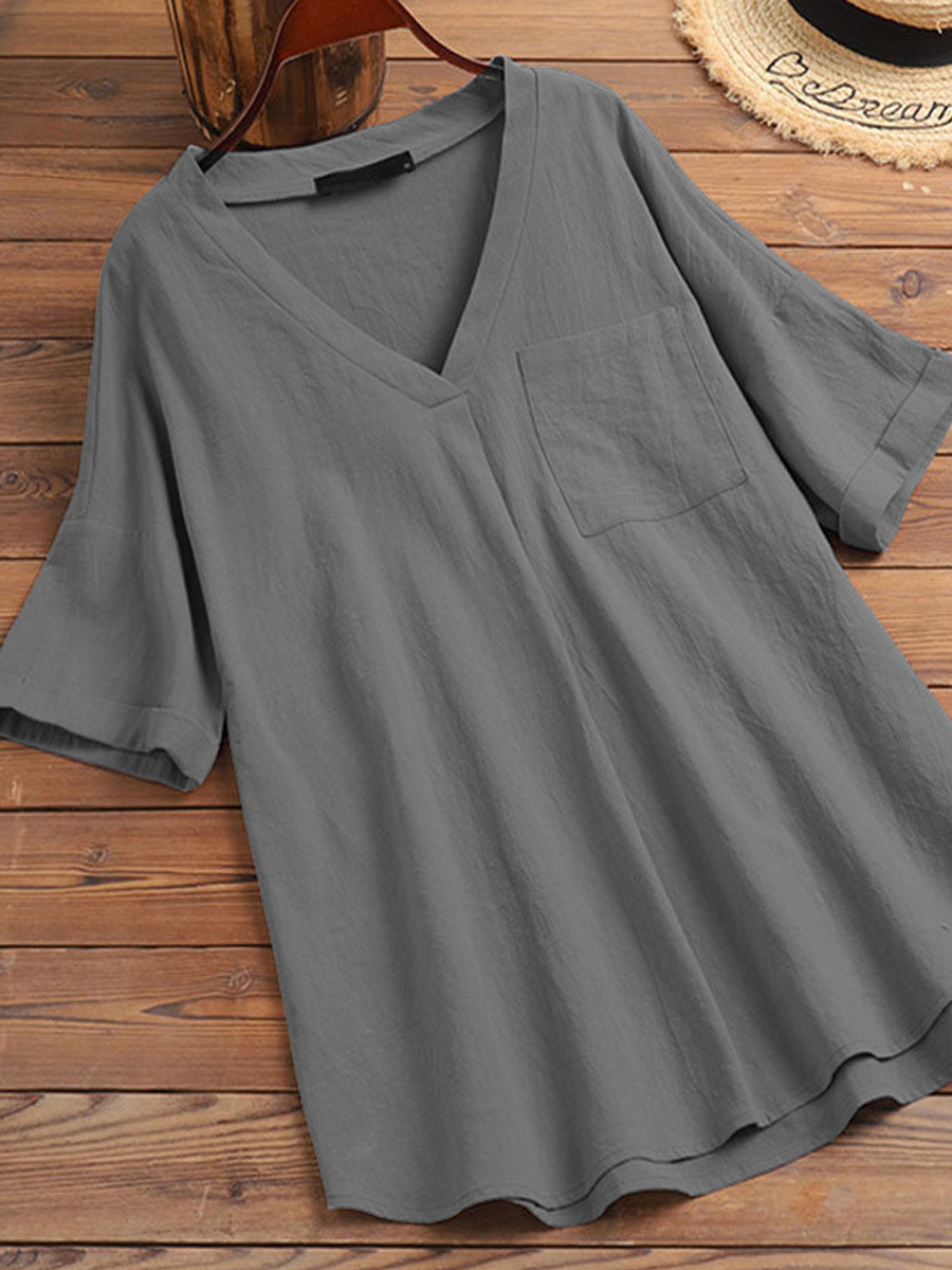 Loose Solid Color Cotton And Linen V Neck Pocket Slit Mid Sleeve Shirt