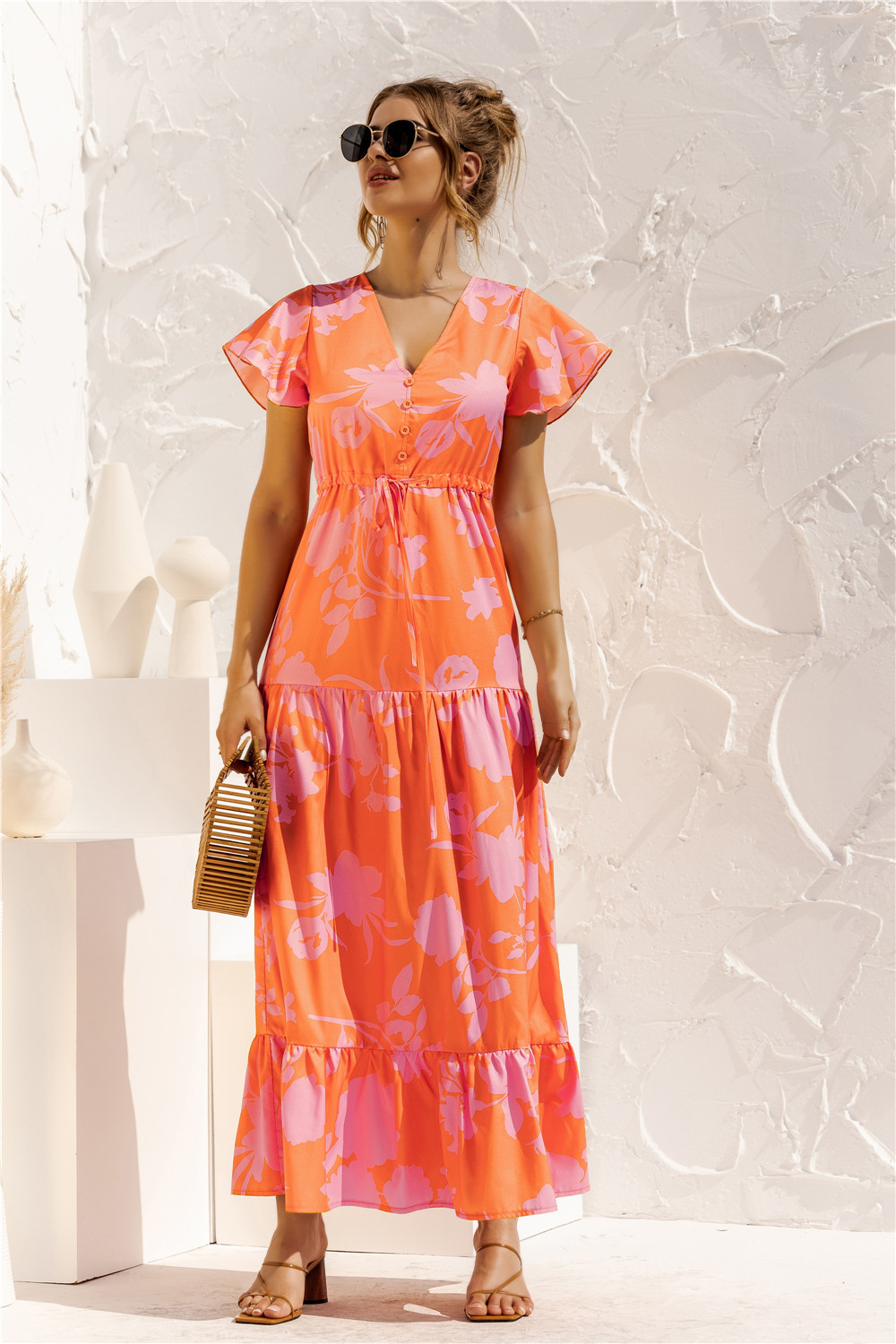 Floral Print Lace Up Button Short Sleeve V Neck Maxi Dress