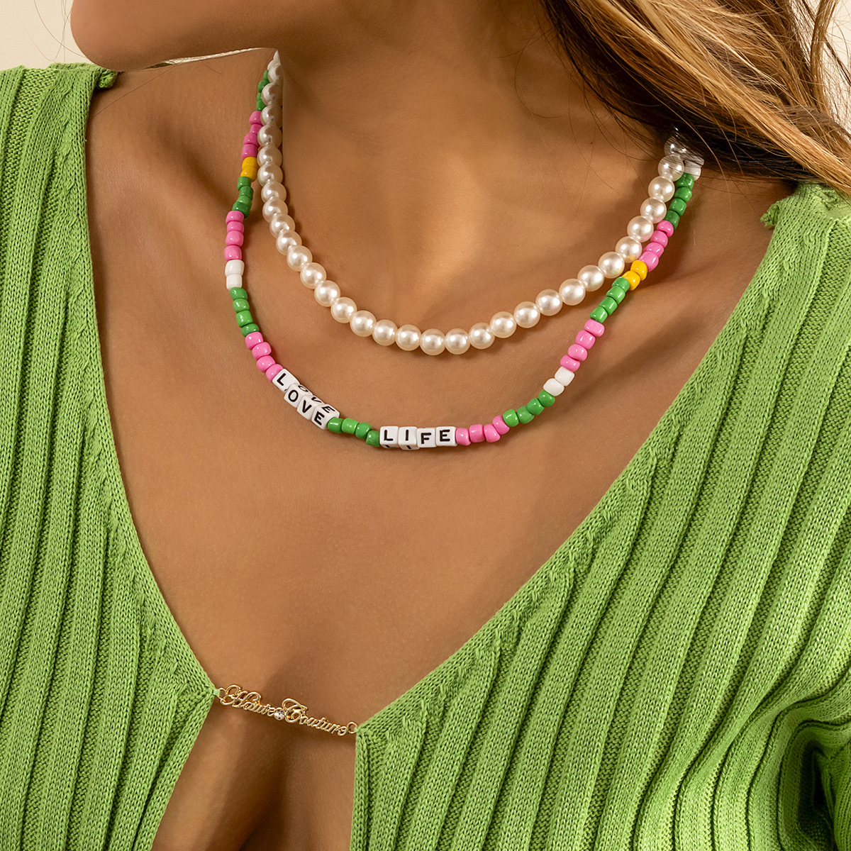Holiday Style Colorful Rice Beads Simple Wild Letter Imitation Pearl Beaded Collarbone Necklace