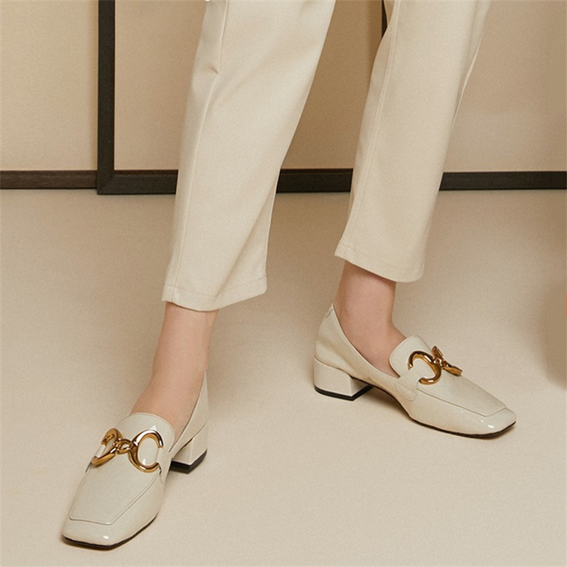 Ladies Retro Square Toe Decorative Buckle Loafers