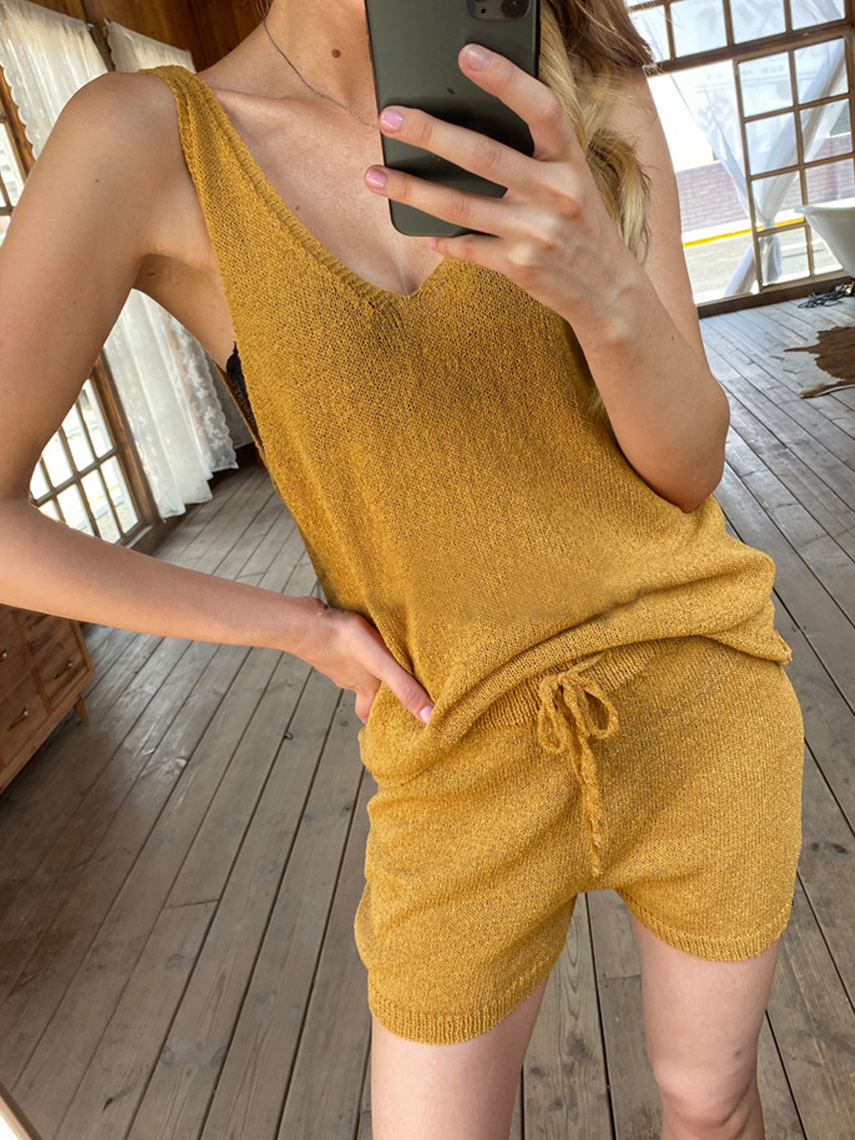 Solid Color Knit V neck Tank And Short Pants