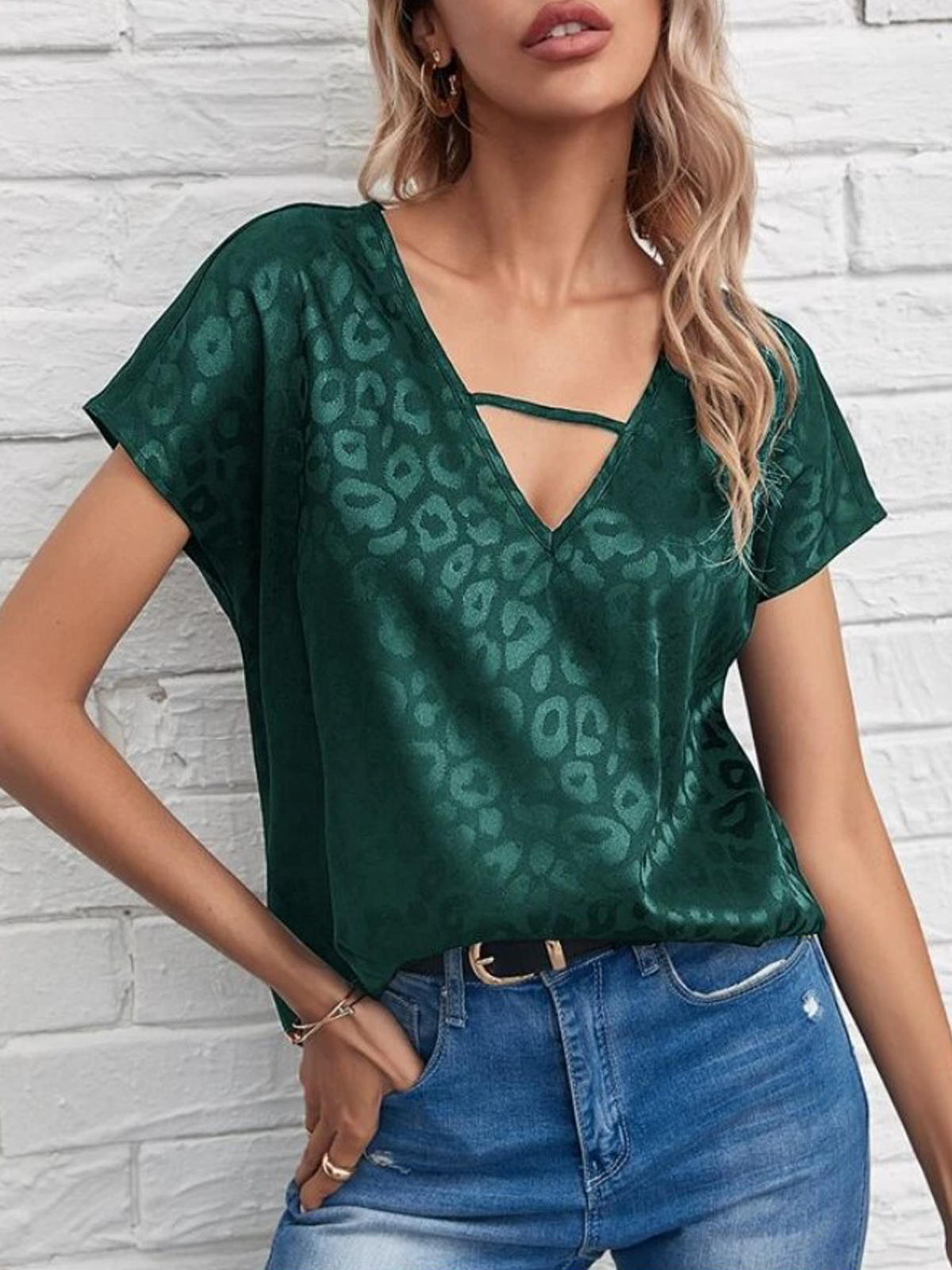 Jacquard Satin V neck Drop shoulder Sleeve Blouses