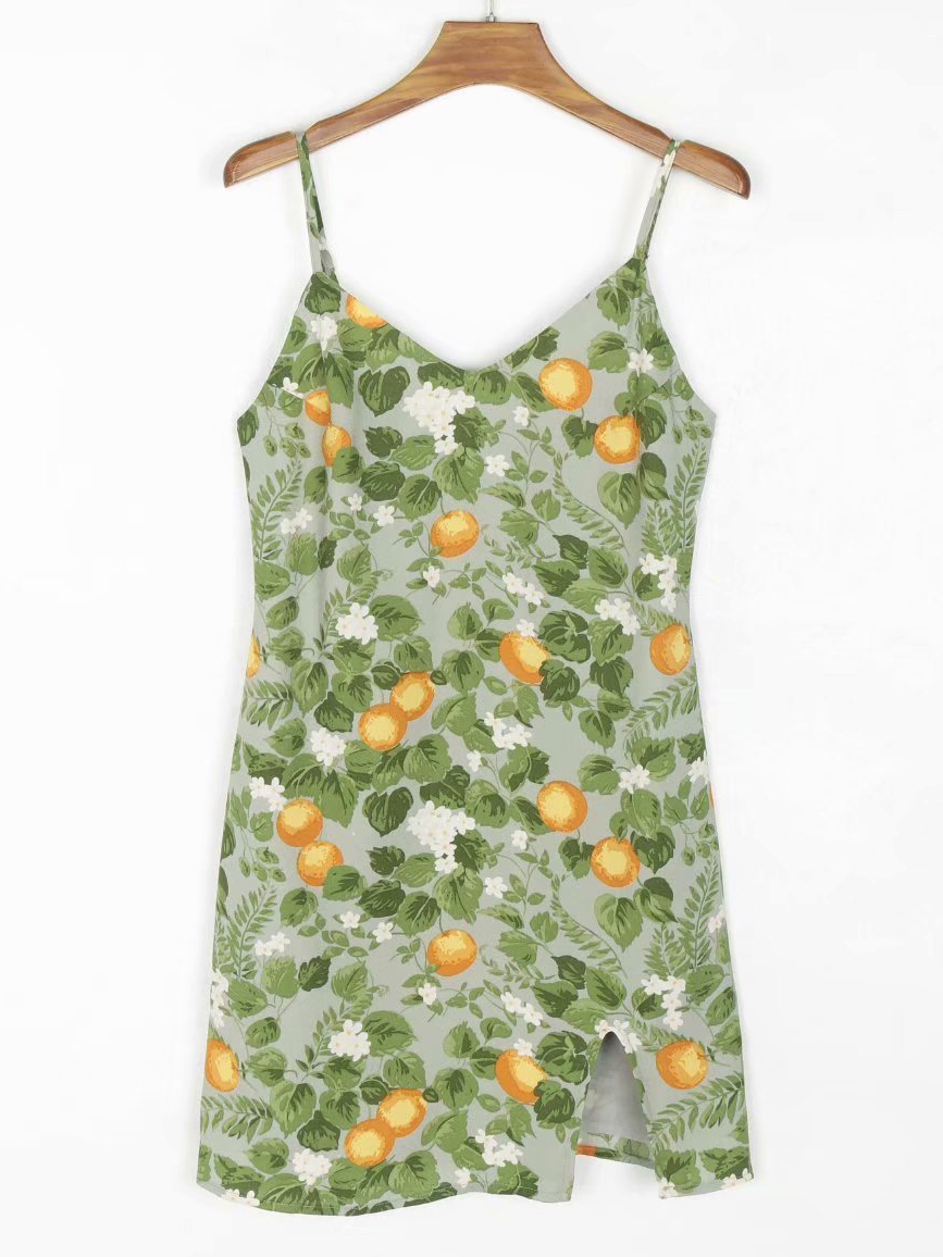 Resort inspired High waisted V neck Suspender Hem Print Green Dress