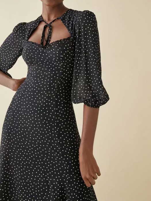 French High Waist Black Polka Dot A Line Dress