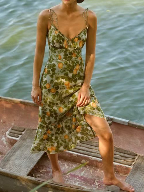 Sling High waisted Printed Resort inspired Lace up Ruffled Dress