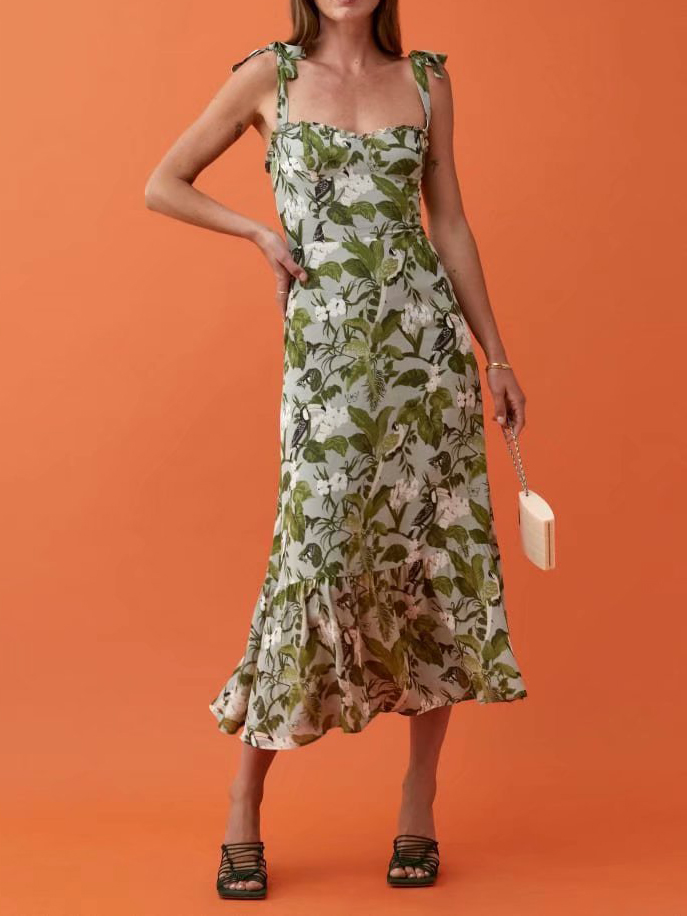 Commuter High Waist Floral Print Lace up Ruffle Dress