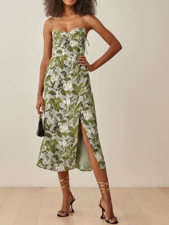 Printed Green Line Neck Sexy Slit High Waist Sling Dress