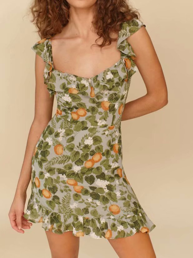 Green Suspender Print Slim High Waist Ruffle Dress